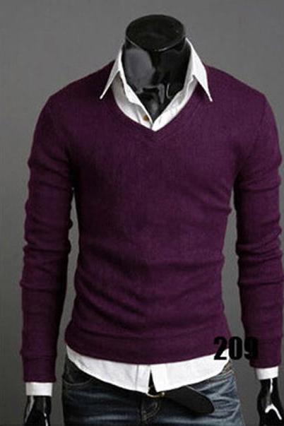 Men Knitwear Sweater Spring Autumn V Neck Long Sleeve Jumpers Casual Slim Pullover Tops purple
