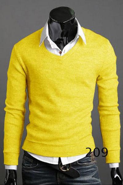  Men Knitwear Sweater Spring Autumn V Neck Long Sleeve Jumpers Casual Slim Pullover Tops yellow