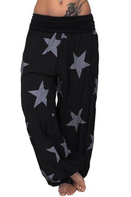 Women Star Printed Lantern Pants Elastic Waist Plus Size Hippie Baggy Casual Loose Wide Leg Trousers black