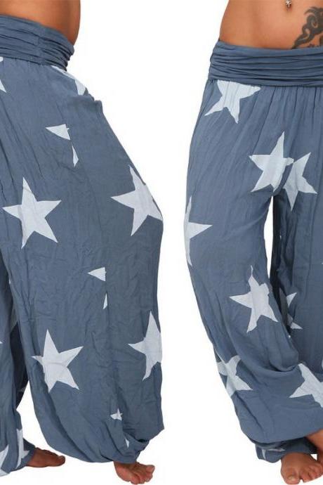 Women Star Printed Lantern Pants Elastic Waist Plus Size Hippie Baggy Casual Loose Wide Leg Trousers blue