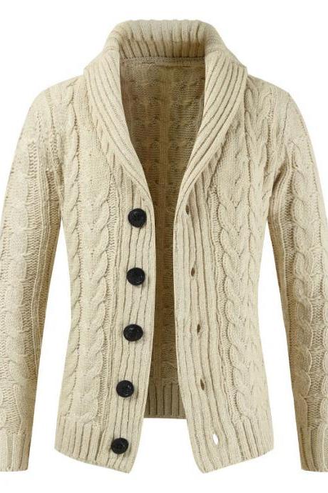 Men Sweater Coat Autumn Winter Warm Long Sleeve Casual Turn-Down Collar Button Knitted Cardigan Jacket beige