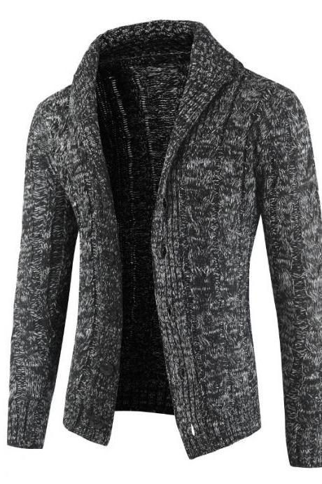 Men Sweater Coat Autumn Winter Warm Long Sleeve Casual Turn-down Collar Button Knitted Cardigan Jacket Dark Gray