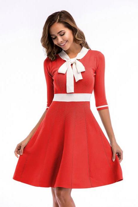  Women Knitting Dress Autumn Patchwork Half Sleeve Bow Neck Slim A Line Casual Party Dress red