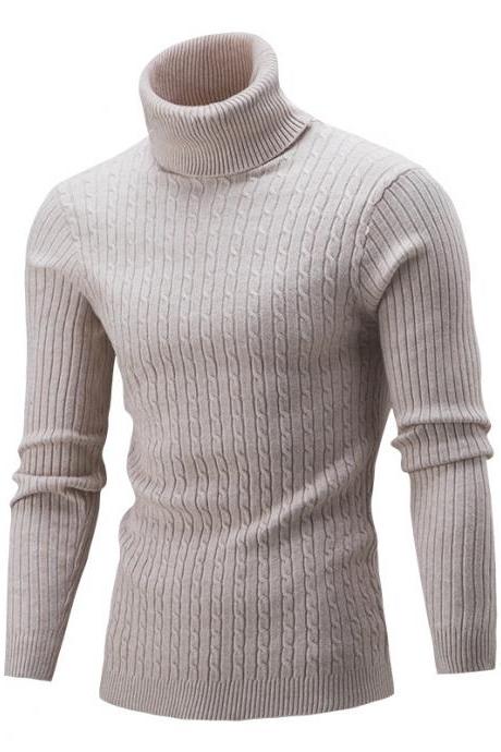 Men Sweater Autumn Winter Turtleneck Long Sleeve Casual Slim Fit Knitted Pullover Tops beige