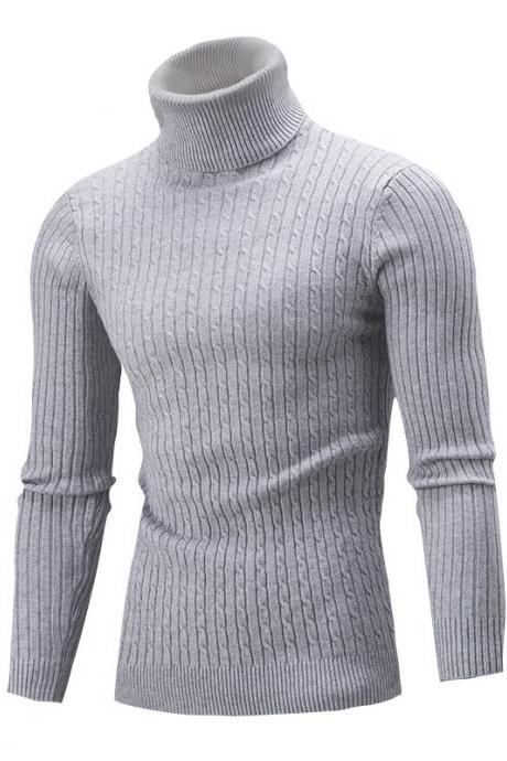 Men Sweater Autumn Winter Turtleneck Long Sleeve Casual Slim Fit Knitted Pullover Tops Gray