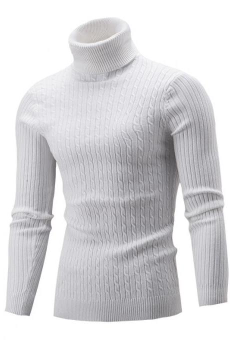 Men Sweater Autumn Winter Turtleneck Long Sleeve Casual Slim Fit Knitted Pullover Tops off white