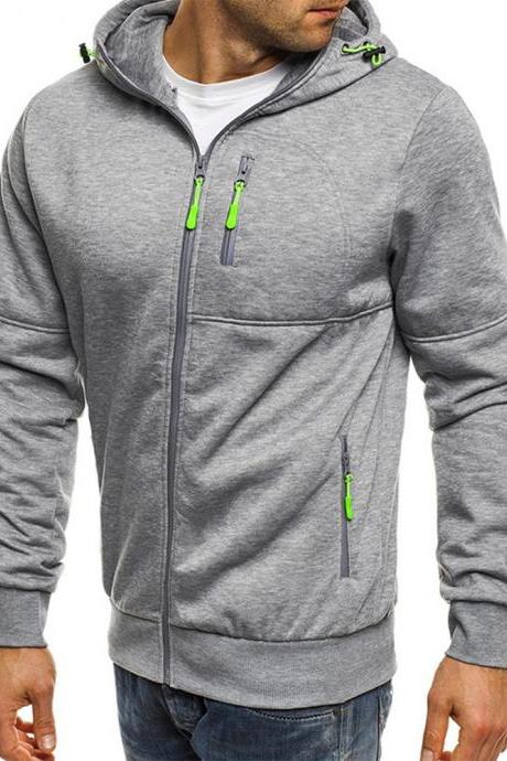Men Hoodie Coat Spring Autumn Long Sleeve Hooded Zipper Fitness Casual Sweatshirt Jacket light gray