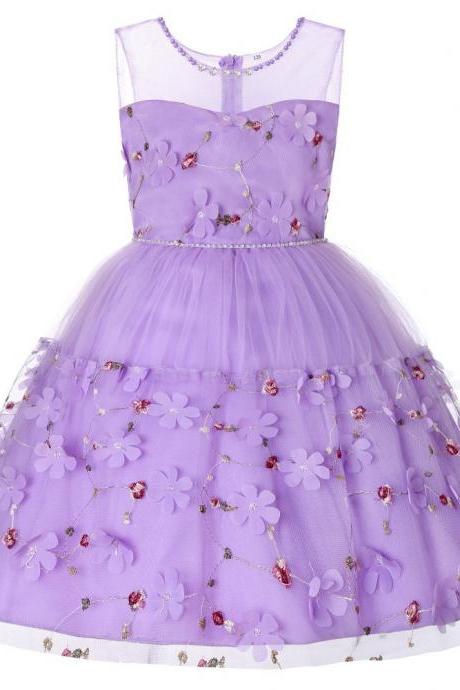  Princess Flower Girl Dress Sleeveless Formal Birthday Perform Party Tutu Gown Children Kids Clothes lilac