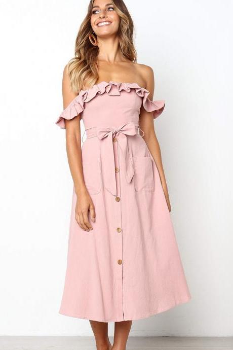 Women Casual Dress Off the Shoulder Ruffles Button Belted Midi Evening Party Dress pink