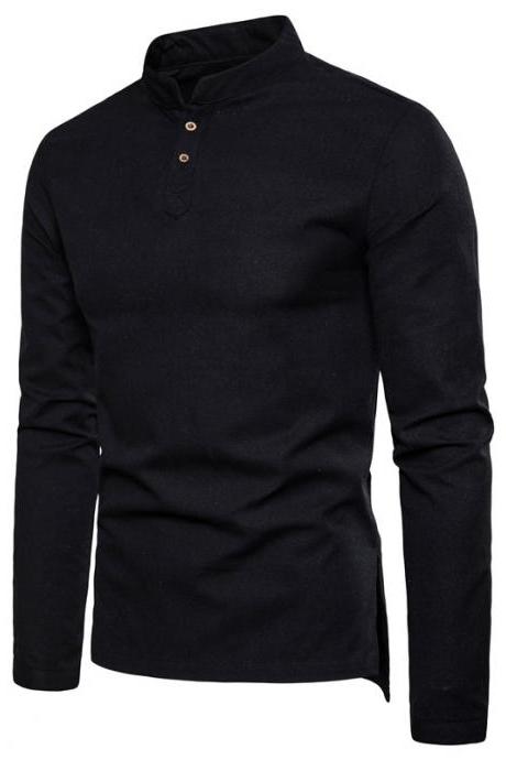 Men Shirt Spring Autumn Long Sleeve Stand Collar Casual Youth Plus Size Slim Fit Shirt Black