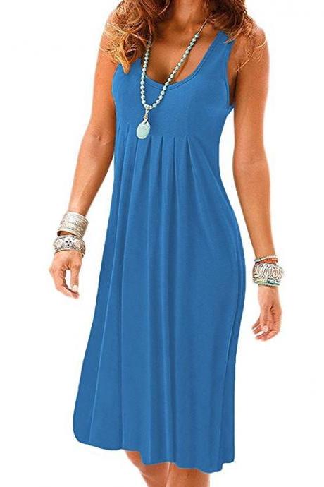  Women Casual Dress Boho Loose Sleeveless Plus Size Holiday Summer Beach Sundress blue