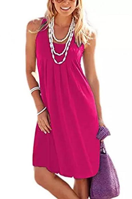 Women Casual Dress Boho Loose Sleeveless Plus Size Holiday Summer Beach Sundress hot pink