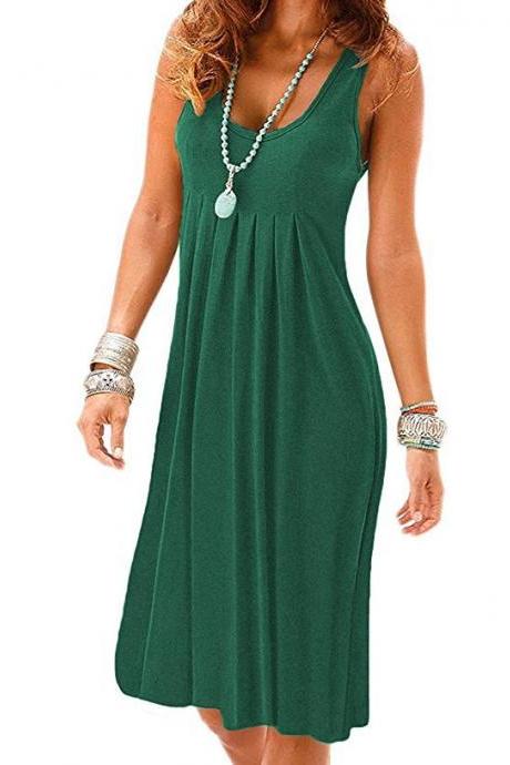  Women Casual Dress Boho Loose Sleeveless Plus Size Holiday Summer Beach Sundress hunter green