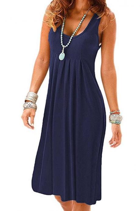 Women Casual Dress Boho Loose Sleeveless Plus Size Holiday Summer Beach Sundress navy blue