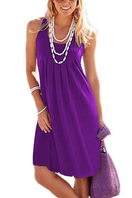  Women Casual Dress Boho Loose Sleeveless Plus Size Holiday Summer Beach Sundress purple