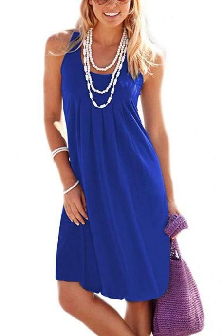 Women Casual Dress Boho Loose Sleeveless Plus Size Holiday Summer Beach Sundress royal blue