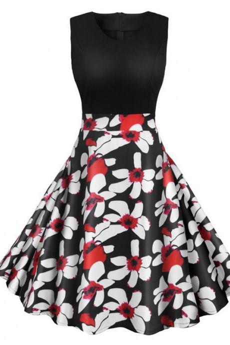  Women Floral Printed Dress Summer Casual Patchwork Sleeveless Rockbility A-Line Formal Party Dress3#