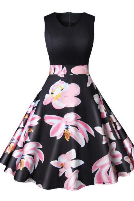  Women Floral Printed Dress Summer Casual Patchwork Sleeveless Rockbility A-Line Formal Party Dress4#