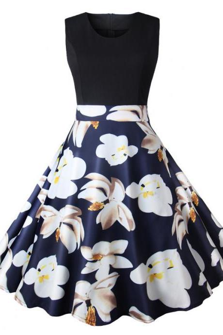  Women Floral Printed Dress Summer Casual Patchwork Sleeveless Rockbility A-Line Formal Party Dress 5#
