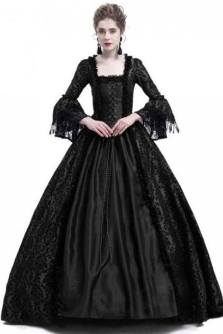 Women Medieval Princess Costumes Century Gothic Victorian Queen Lace Long Sleeve Ball Gown Dress Black