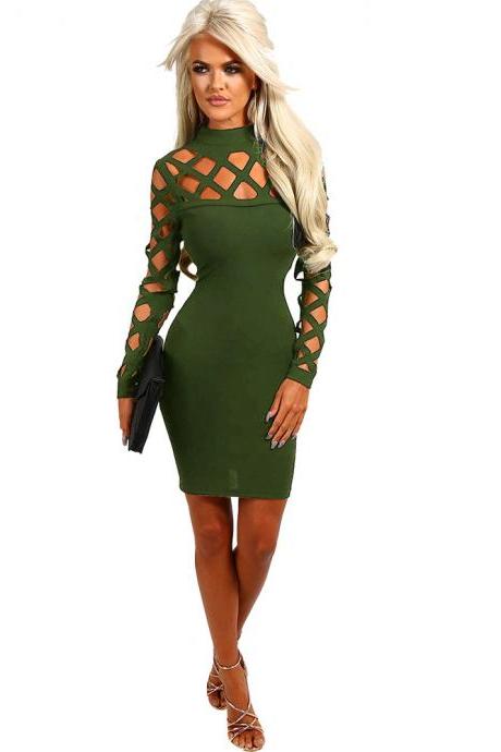 Women Bandage Dress Long Sleeve Hollow Out Bodycon Mini Club Pencil Party Dress army green