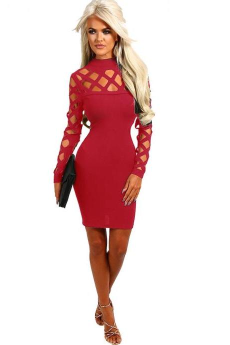 Women Bandage Dress Long Sleeve Hollow Out Bodycon Mini Club Pencil Party Dress red