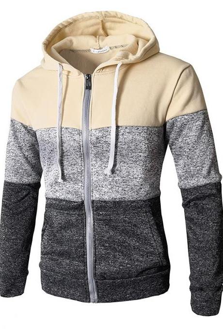 Mens Hoodies Patchwork Color Long Sleeve Hooded Zipper Casual Slim Cardigan Sweatshirt beige