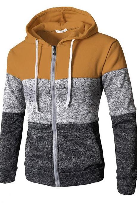  Mes Hoodies Patchwork Color Long Sleeve Hooded Zipper Casual Slim Cardigan Sweatshirt camel