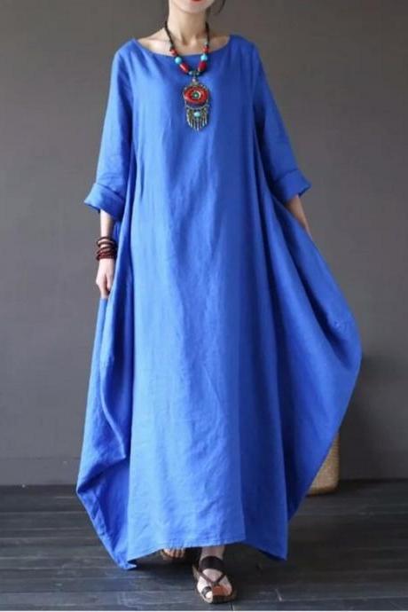 Women Maxi Dress 3/4 Sleeve Loose Linen Casual Plus Size Party Beach Long Dress blue