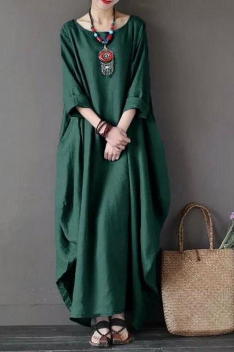  Women Maxi Dress 3/4 Sleeve Loose Linen Casual Plus Size Party Beach Long Dress green