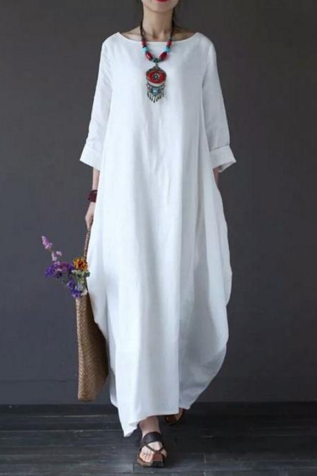 Women Maxi Dress 3/4 Sleeve Loose Linen Casual Plus Size Party Beach Long Dress off white