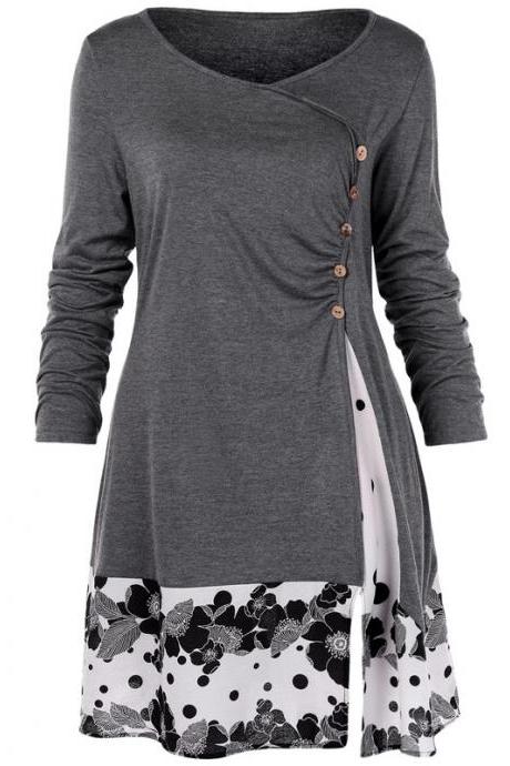 Women Long Sleeve T Shirt Spring Autumn Floral Patchwork Button Plus Size Casual Loose Tops gray