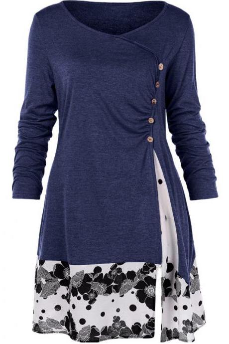 Women Long Sleeve T Shirt Spring Autumn Floral Patchwork Button Plus Size Casual Loose Tops navy blue