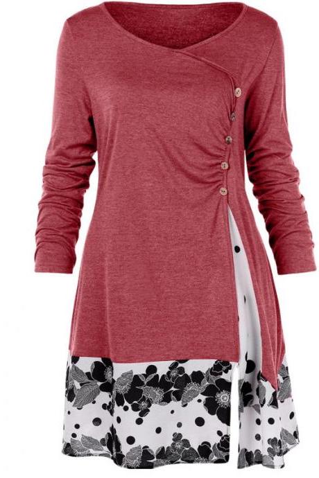 Women Long Sleeve T Shirt Spring Autumn Floral Patchwork Button Plus Size Casual Loose Tops red