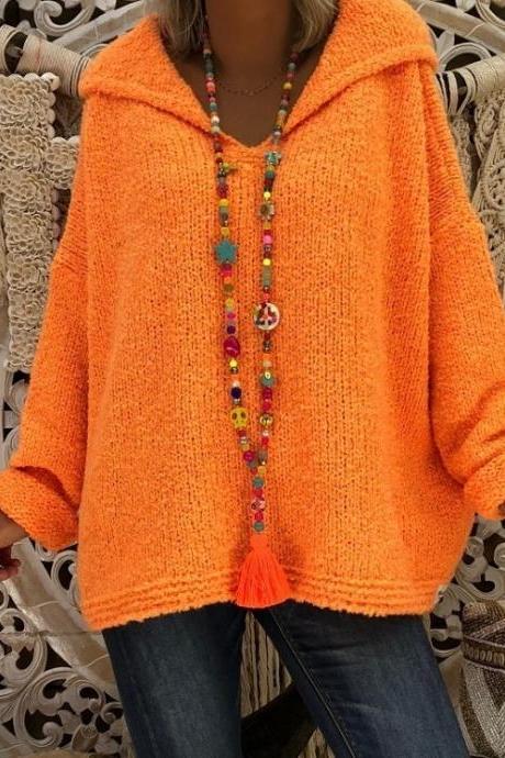 Women Hooded Sweater Autumn Winter Long Sleeve Loose Causal Knitted Jumper Pullover Tops Orange