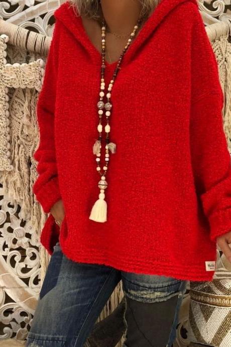 Women Hooded Sweater Autumn Winter Long Sleeve Loose Causal Knitted Jumper Pullover Tops Red