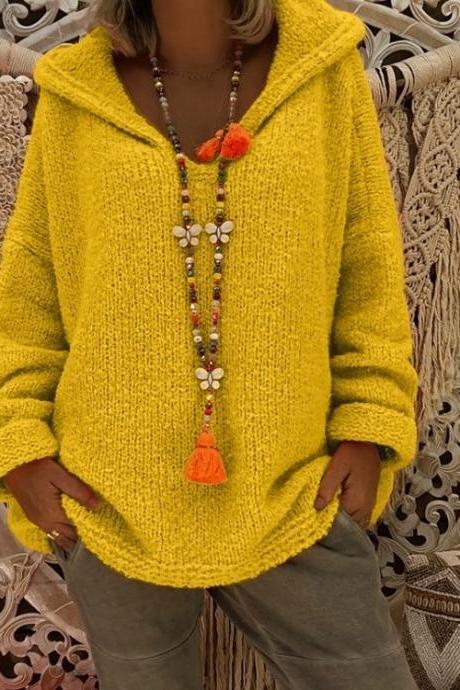 Women Hooded Sweater Autumn Winter Long Sleeve Loose Causal Knitted Jumper Pullover Tops yellow