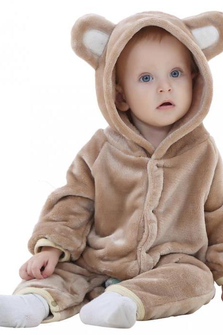 Baby Boys Girls Flannel Jumpsuit Bear Hooded Toddler Infant Romper Animal Clothes Brown