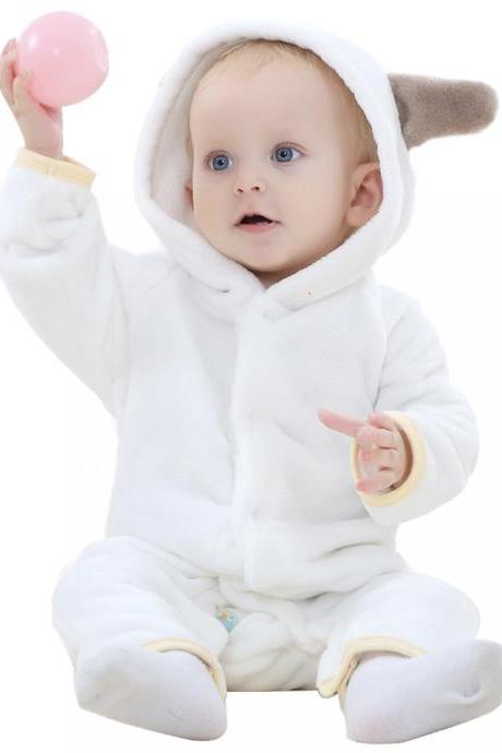 Baby Boys Girls Flannel Jumpsuit Bear Hooded Toddler Infant Romper Animal Clothes Off White