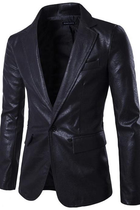  Men Blazer Jacket PU Leather Slim Fit One Button Long Sleeve Casual Business Suit Coat black