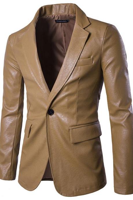Men Blazer Jacket PU Leather Slim Fit One Button Long Sleeve Casual Business Suit Coat khaki