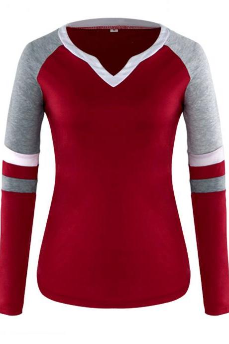  Women Long Sleeve T Shirt Spring Autumn V-Neck Striped Patchwork Casual Slim Plus Size Tops wine red