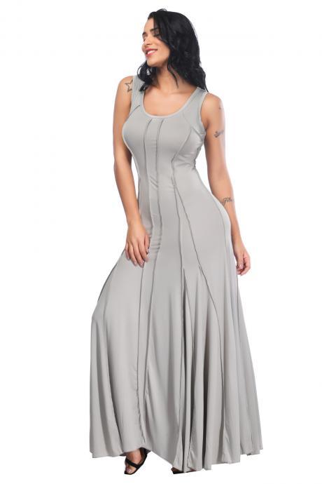  Women Maxi Dress Slim Causal Floor Length Summer Beach Sleeveless Long Dress gray