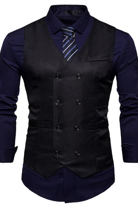 Men Suit Waistcoat Double Breasted Slim Fit Vest Wedding Business Casual Sleeveless Coat black