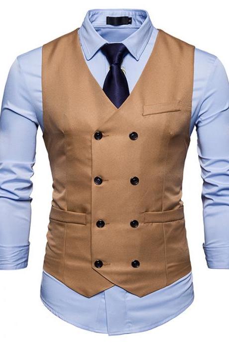 Men Suit Waistcoat Double Breasted Slim Fit Vest Wedding Business Casual Sleeveless Coat khaki