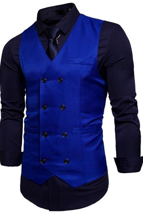  Men Suit Waistcoat Double Breasted Slim Fit Vest Wedding Business Casual Sleeveless Coat royal blue