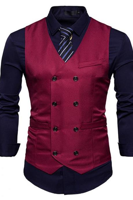  Men Suit Waistcoat Double Breasted Slim Fit Vest Wedding Business Casual Sleeveless Coat wine red