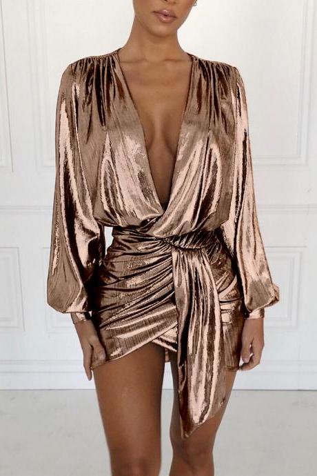 Women Metallic Asymmetrical Wrap Dress V Neck Long Sleeve Bodycon Mini Club Party Dress rose gold