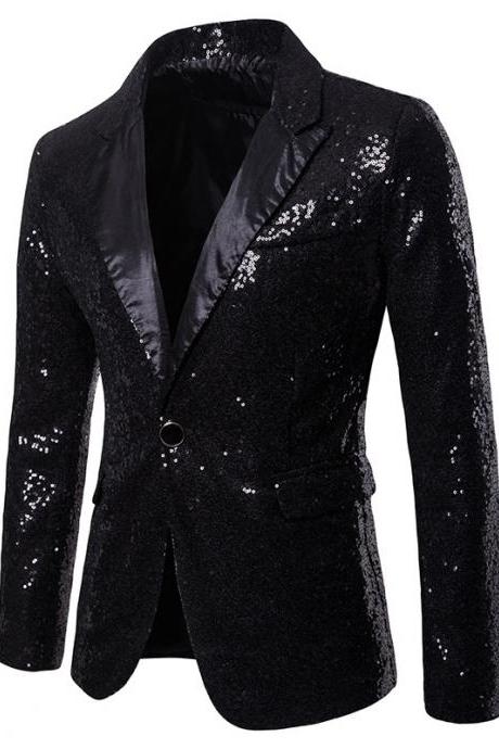 Men Sequined Blazer Coat Stage Performer Formal Host Suit Bridegroom Tuxedos Prom Wedding Groom Jacket black