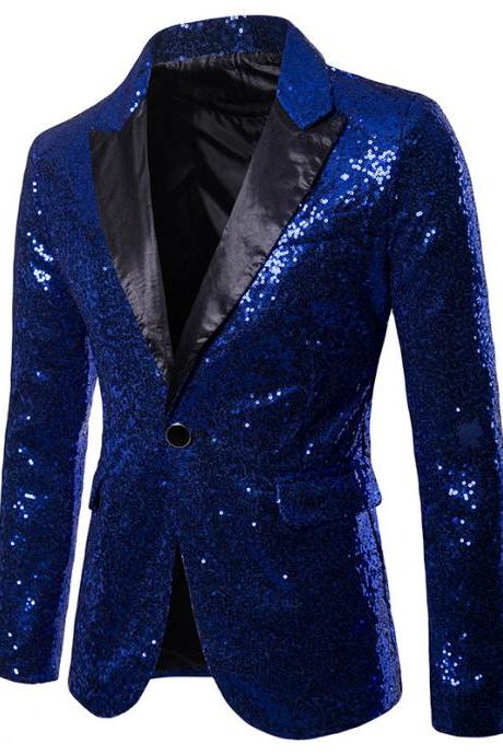 Men Sequined Blazer Coat Stage Performer Formal Host Suit Bridegroom Tuxedos Prom Wedding Groom Jacket Blue